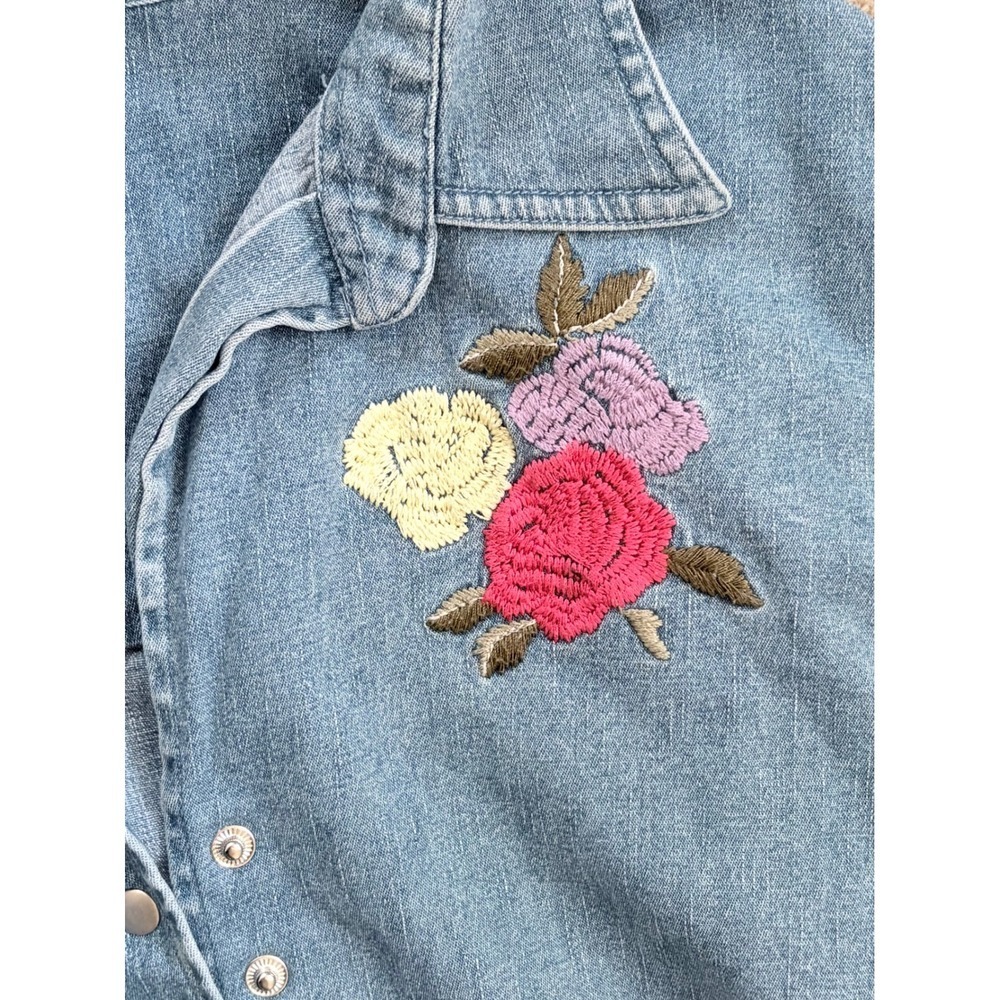 Floral Embroidered Denim Shirt Light Wash Blue Large 90's Butter Mom - Picture 3 of 10